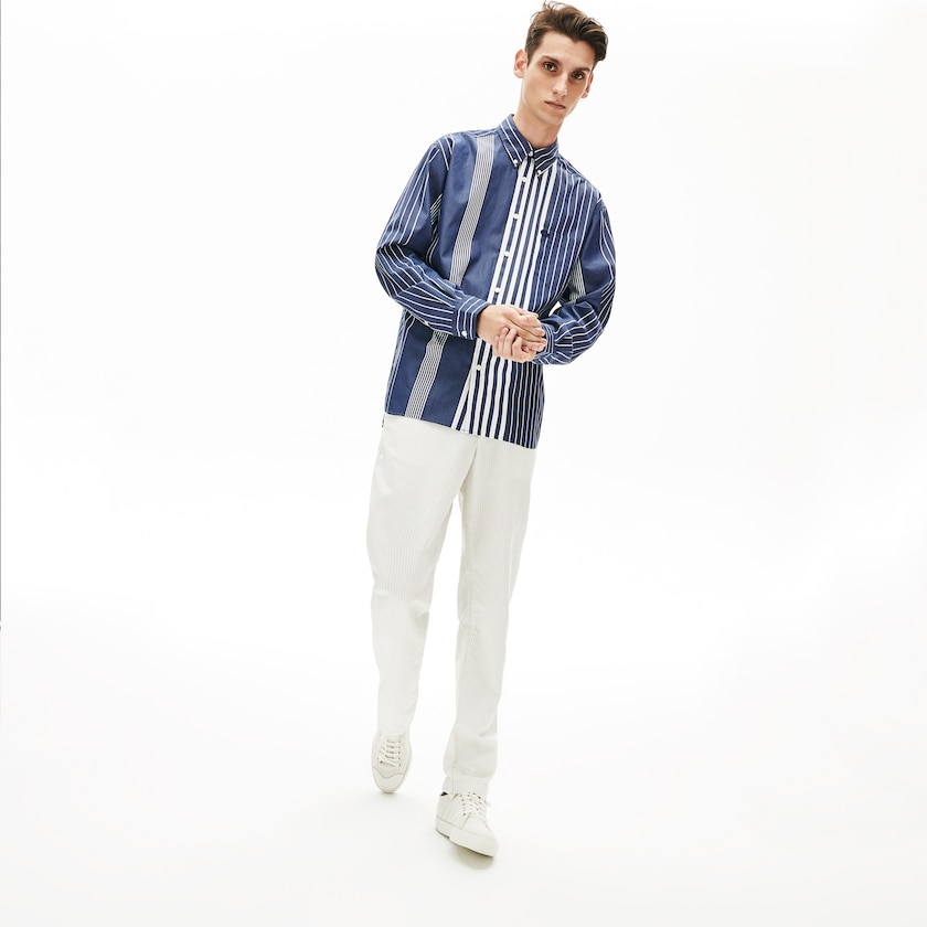 Camisas Lacoste Masculino Azul Marinho Azuis Branco Variegated-Stripe Relaxed Cotton EX9-79047M8