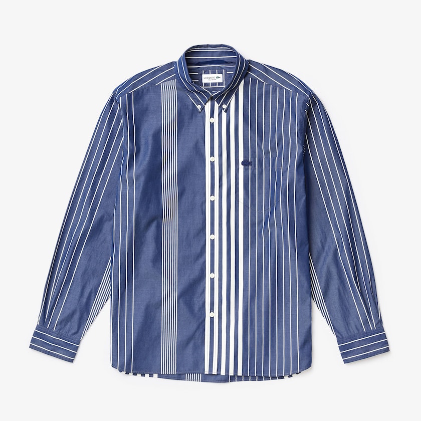 Camisas Lacoste Masculino Azul Marinho Azuis Branco Variegated-Stripe Relaxed Cotton EX9-79047M8