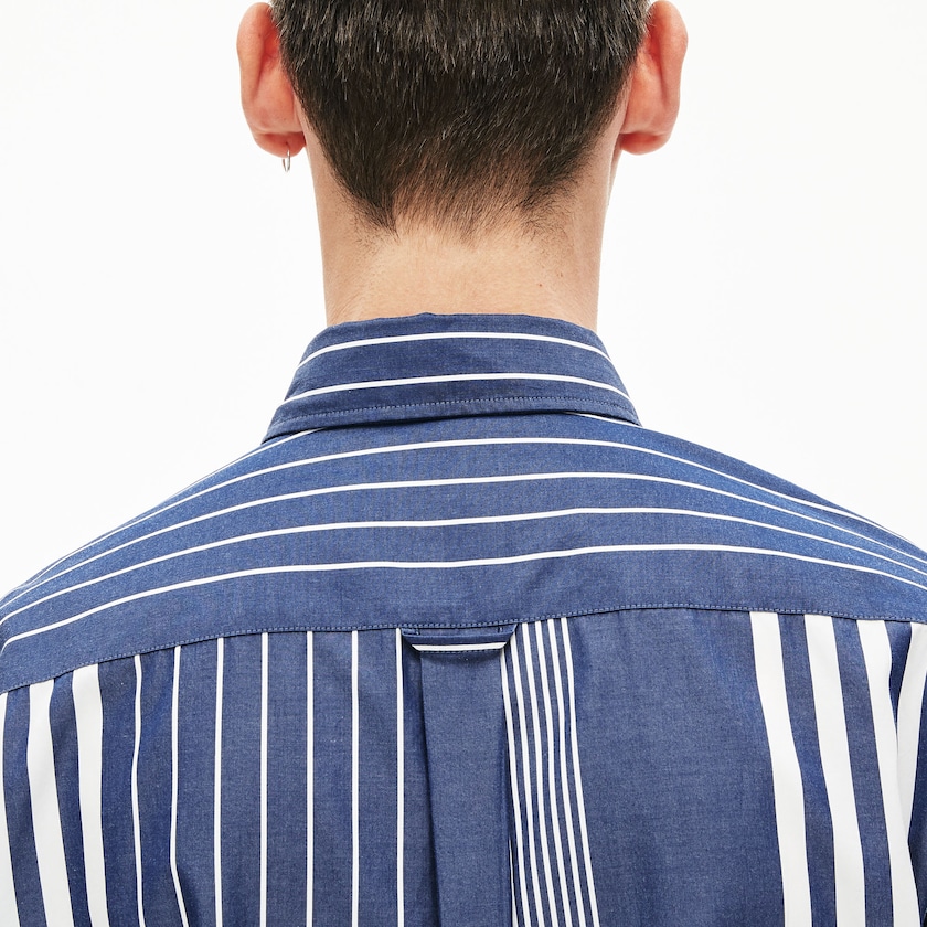 Camisas Lacoste Masculino Azul Marinho Azuis Branco Variegated-Stripe Relaxed Cotton EX9-79047M8