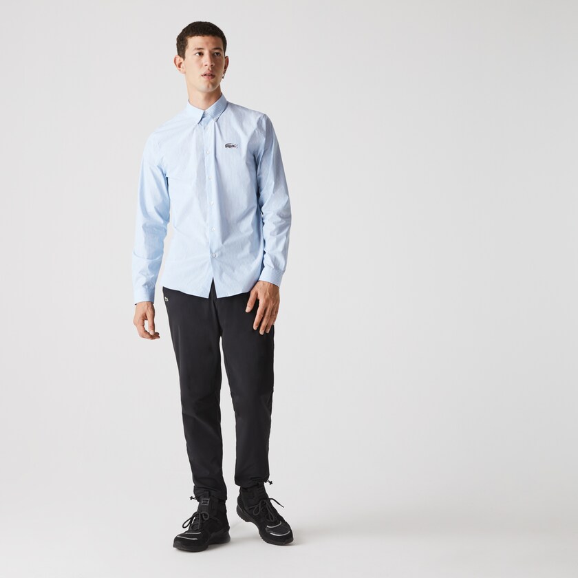 Camisas Lacoste Masculino Azuis Branco x National Geographic Regular Fit Striped Cotton GF2-91319X3