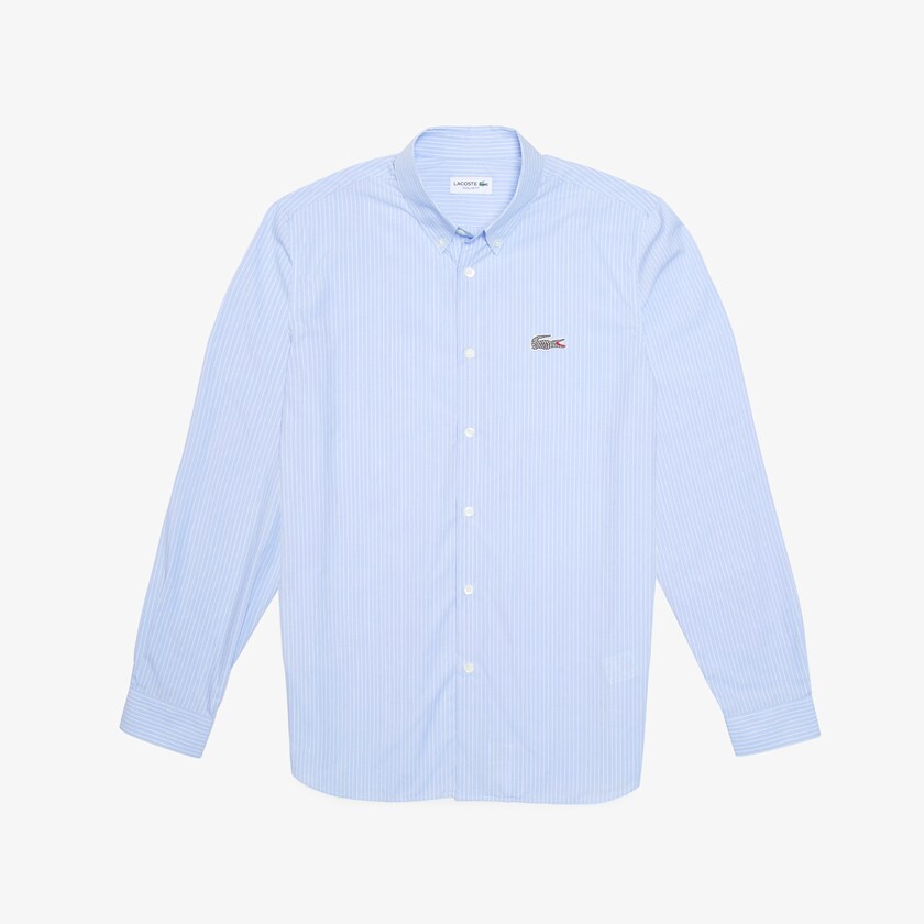 Camisas Lacoste Masculino Azuis Branco x National Geographic Regular Fit Striped Cotton GF2-91319X3