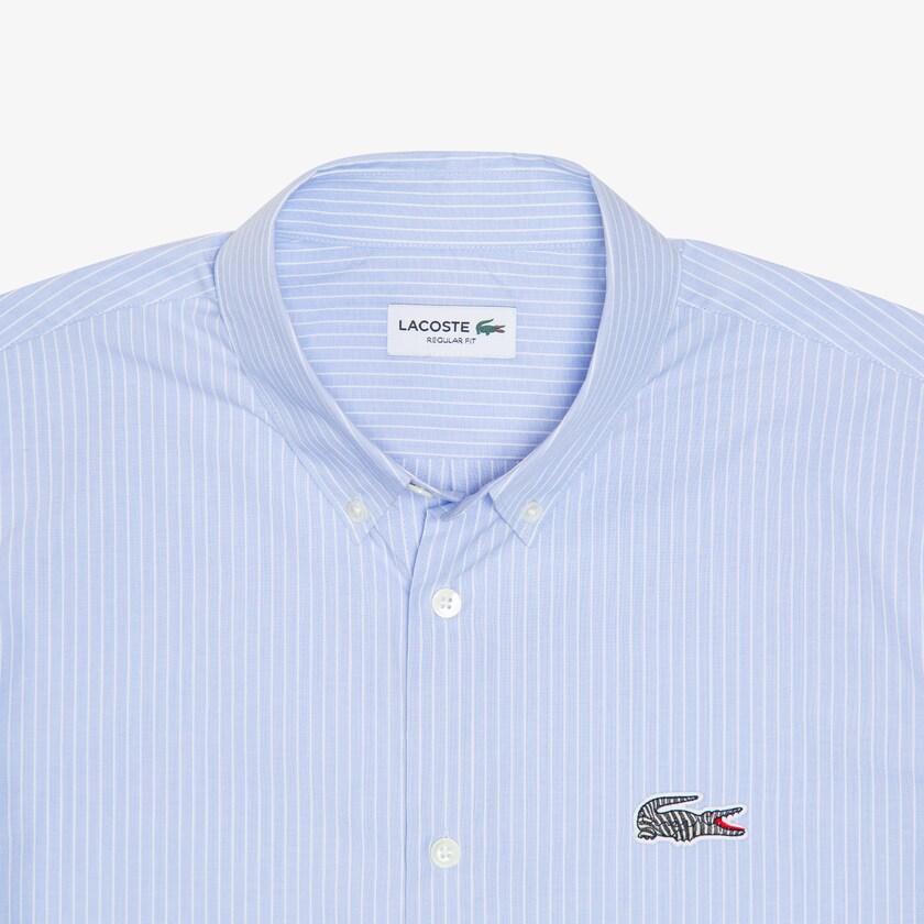 Camisas Lacoste Masculino Azuis Branco x National Geographic Regular Fit Striped Cotton GF2-91319X3