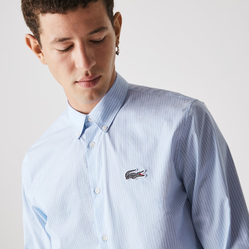 Camisas Lacoste Masculino Azuis Branco x National Geographic Regular Fit Striped Cotton GF2-91319X3