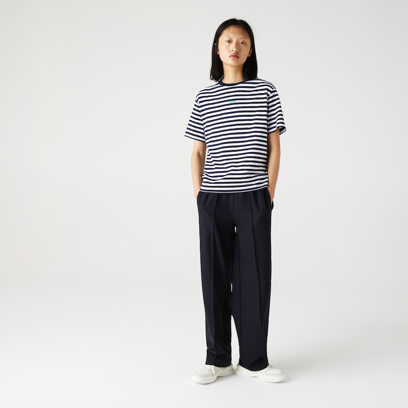 Camiseta Lacoste Feminino Azul Marinho Azuis Branco Crew Neck Branded Striped Cotton CV1-68026Q0