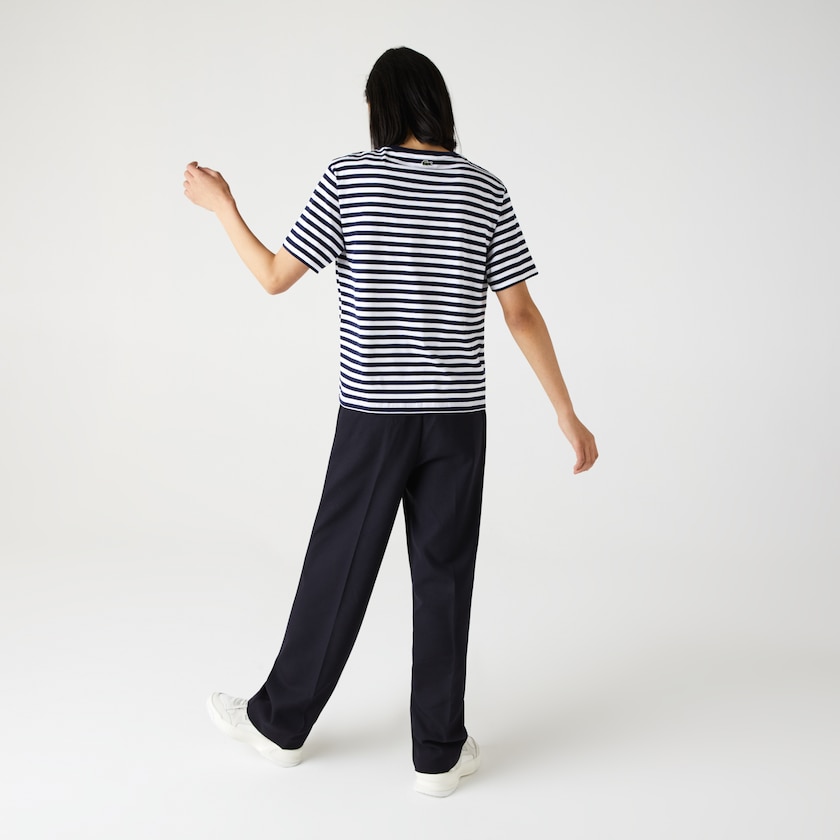 Camiseta Lacoste Feminino Azul Marinho Azuis Branco Crew Neck Branded Striped Cotton CV1-68026Q0