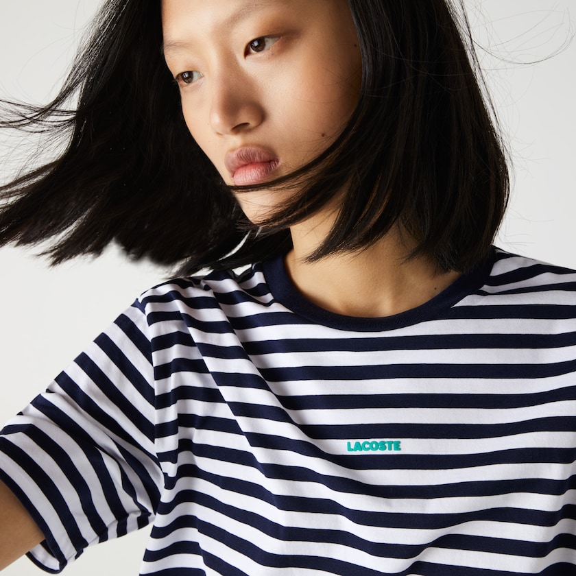 Camiseta Lacoste Feminino Azul Marinho Azuis Branco Crew Neck Branded Striped Cotton CV1-68026Q0