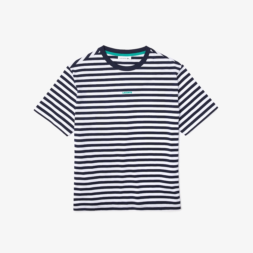 Camiseta Lacoste Feminino Azul Marinho Azuis Branco Crew Neck Branded Striped Cotton CV1-68026Q0