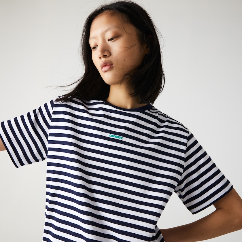 Camiseta Lacoste Feminino Azul Marinho Azuis Branco Crew Neck Branded Striped Cotton CV1-68026Q0