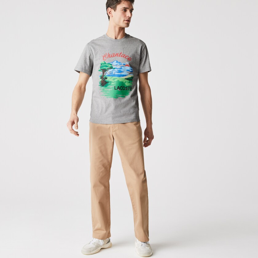Camiseta Lacoste Masculino Cinzentas Vermelhas Crew Neck Landscape Print Cotton WH4-34393X9