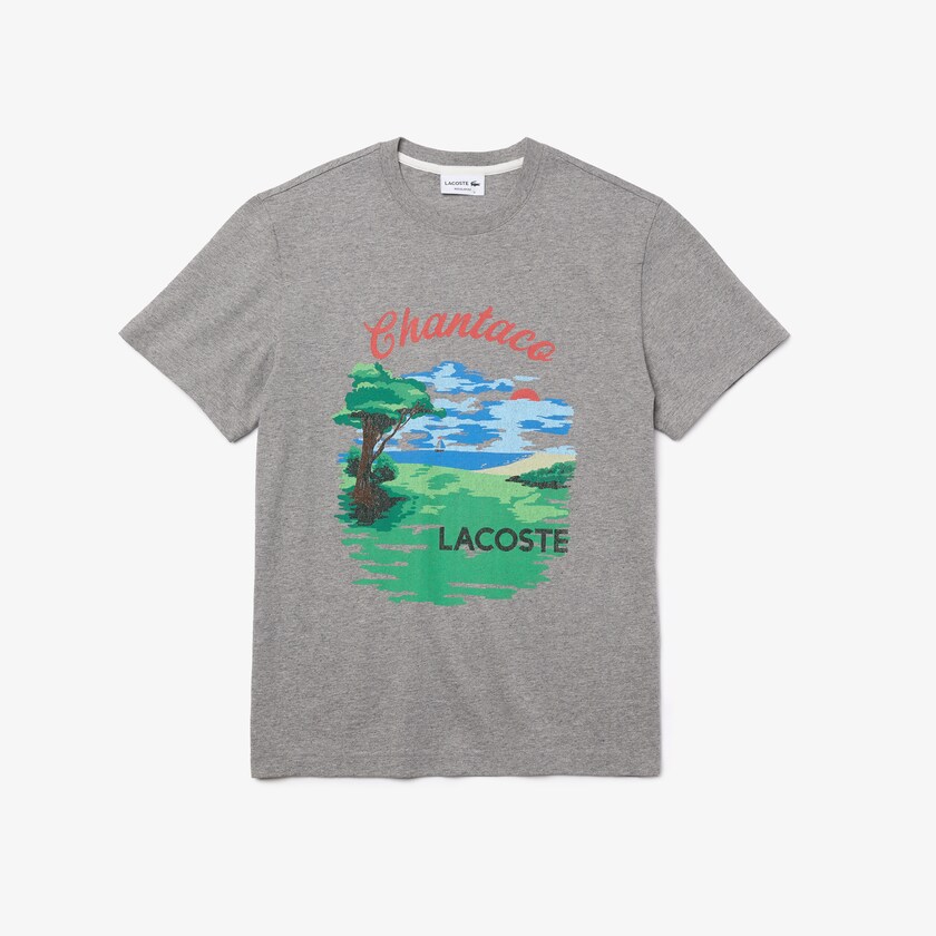 Camiseta Lacoste Masculino Cinzentas Vermelhas Crew Neck Landscape Print Cotton WH4-34393X9