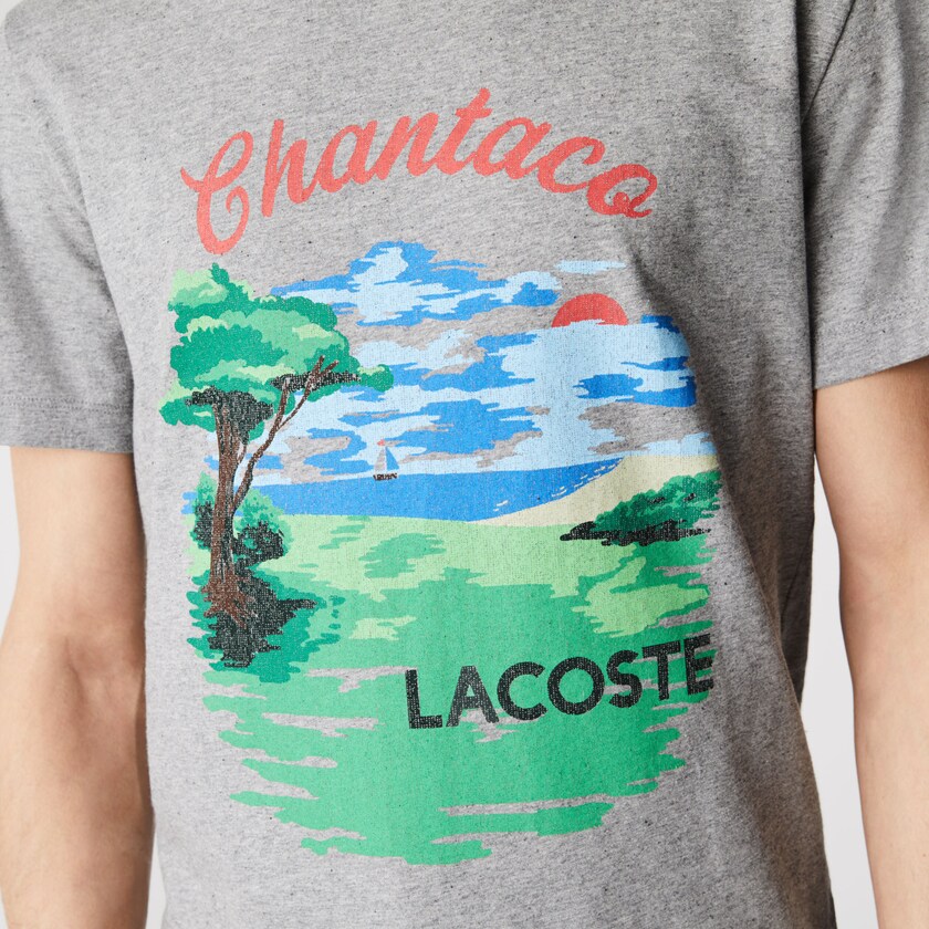 Camiseta Lacoste Masculino Cinzentas Vermelhas Crew Neck Landscape Print Cotton WH4-34393X9