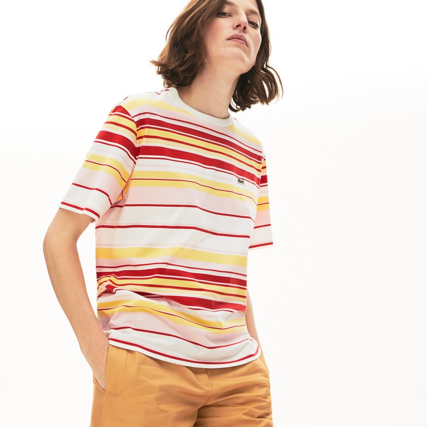 Camiseta Lacoste Feminino Branco Vermelhas Luz Rosa Amarelas Crew Neck Striped Cotton CQ8-51485R8