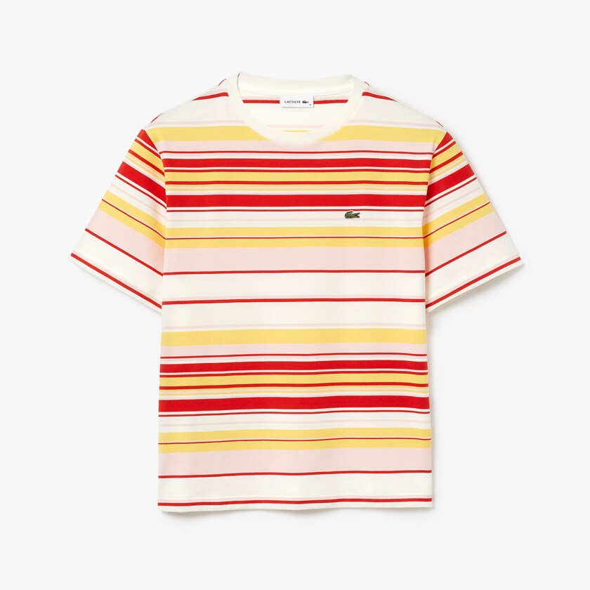 Camiseta Lacoste Feminino Branco Vermelhas Luz Rosa Amarelas Crew Neck Striped Cotton CQ8-51485R8
