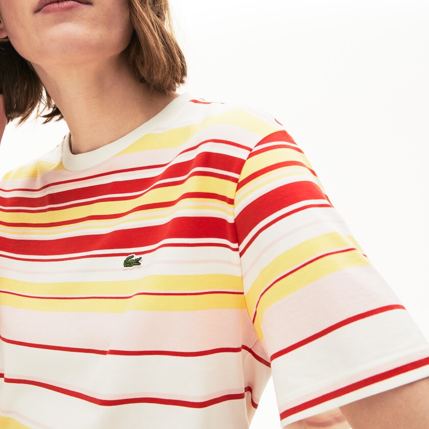 Camiseta Lacoste Feminino Branco Vermelhas Luz Rosa Amarelas Crew Neck Striped Cotton CQ8-51485R8