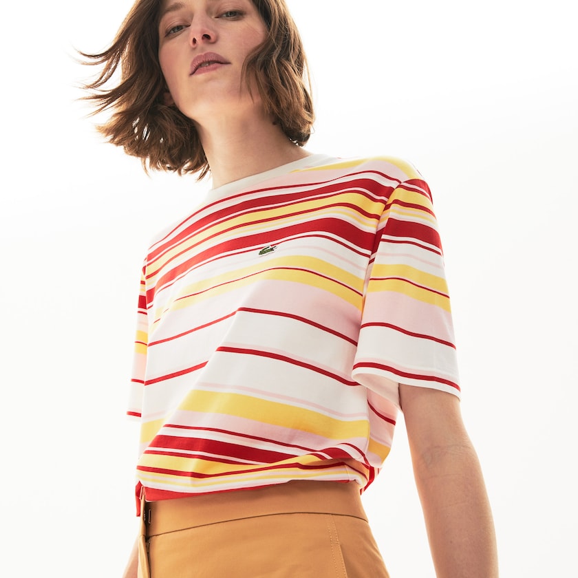 Camiseta Lacoste Feminino Branco Vermelhas Luz Rosa Amarelas Crew Neck Striped Cotton CQ8-51485R8
