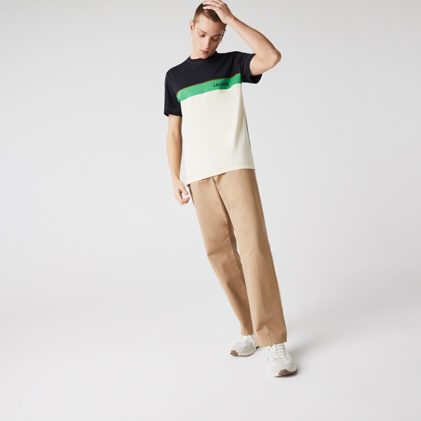 Camiseta Lacoste Masculino Azul Marinho Azuis Bege Verdes Crewneck Colorblock Cotton TF9-61896C7