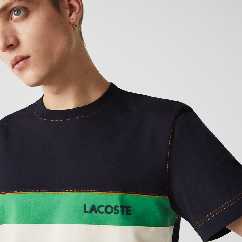 Camiseta Lacoste Masculino Azul Marinho Azuis Bege Verdes Crewneck Colorblock Cotton TF9-61896C7