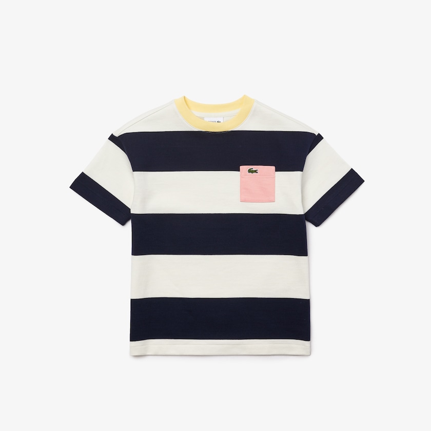 Camiseta Lacoste Criança Branco Azul Marinho Azuis Crewneck Rugby Striped Cotton IW5-54005D7