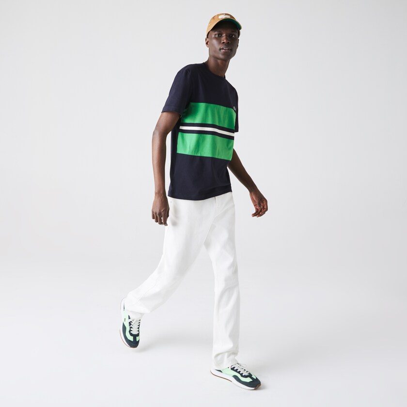 Camiseta Lacoste Masculino Azul Marinho Azuis Verdes Bege Crewneck Striped Cotton DH0-27582O8