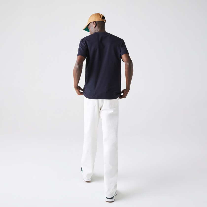 Camiseta Lacoste Masculino Azul Marinho Azuis Verdes Bege Crewneck Striped Cotton DH0-27582O8
