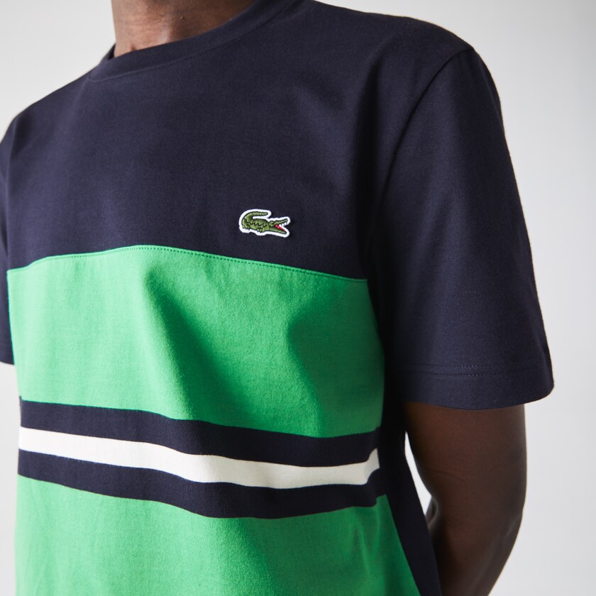 Camiseta Lacoste Masculino Azul Marinho Azuis Verdes Bege Crewneck Striped Cotton DH0-27582O8