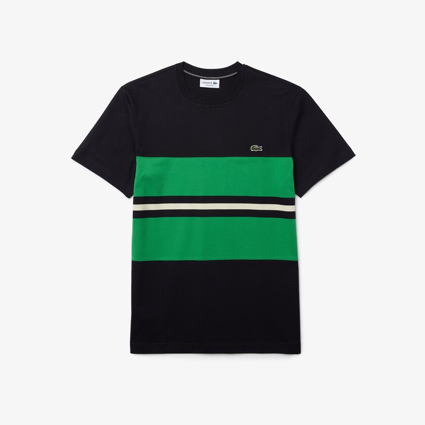 Camiseta Lacoste Masculino Azul Marinho Azuis Verdes Bege Crewneck Striped Cotton DH0-27582O8