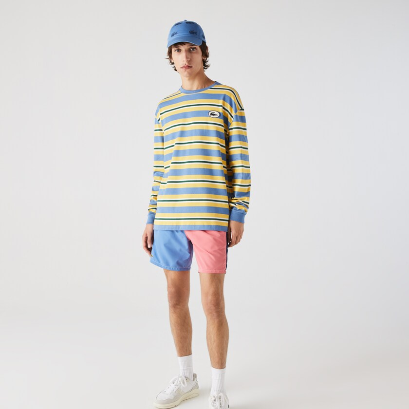 Camiseta Lacoste Masculino Azuis Amarelas Branco Verdes Heritage Relaxed Striped Cotton PZ6-85318G9
