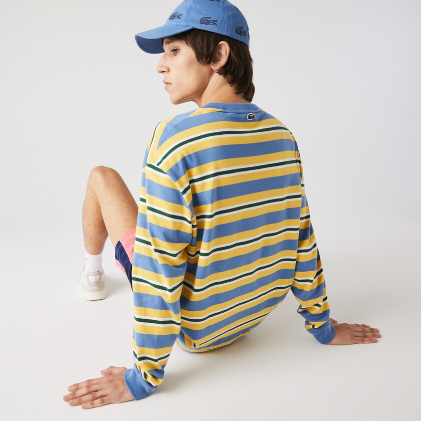Camiseta Lacoste Masculino Azuis Amarelas Branco Verdes Heritage Relaxed Striped Cotton PZ6-85318G9
