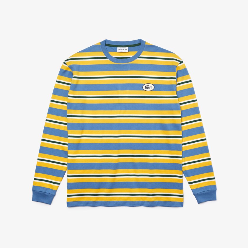 Camiseta Lacoste Masculino Azuis Amarelas Branco Verdes Heritage Relaxed Striped Cotton PZ6-85318G9