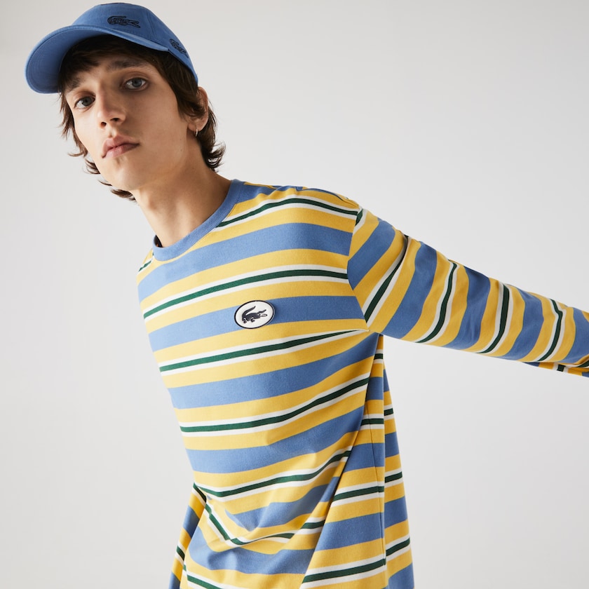 Camiseta Lacoste Masculino Azuis Amarelas Branco Verdes Heritage Relaxed Striped Cotton PZ6-85318G9