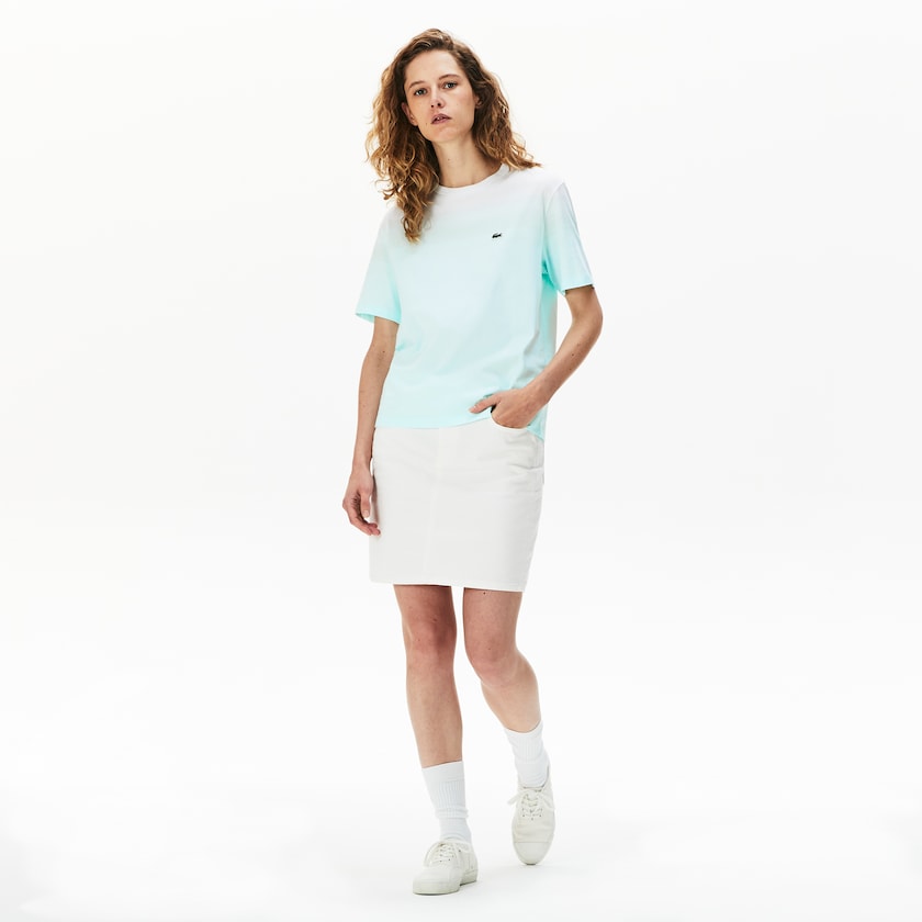 Camiseta Lacoste Feminino Turquesa Luz Verdes Branco Made in France Crew Neck Organic Cotton CA5-97849N1