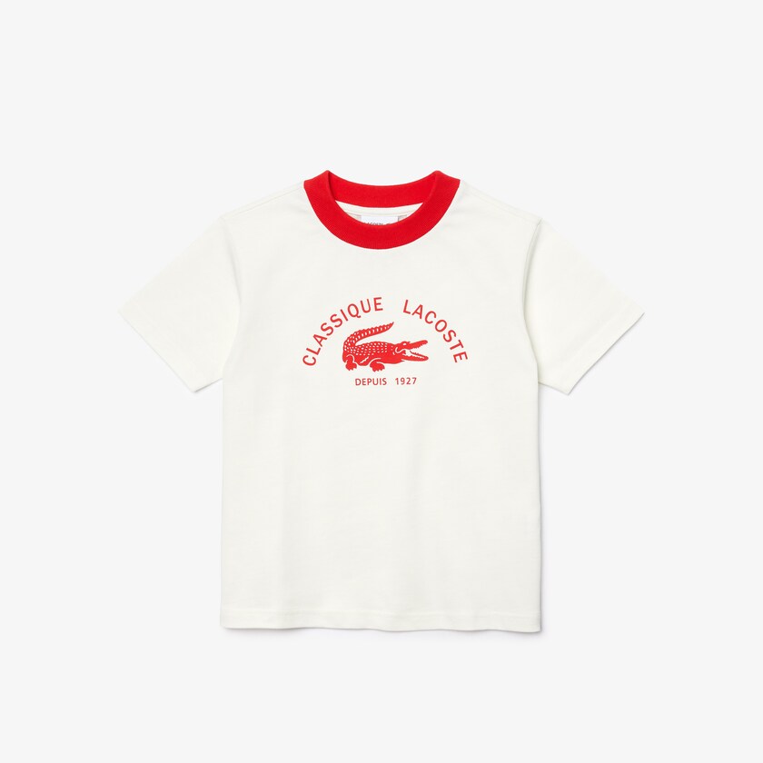 Camiseta Lacoste Criança Branco Vermelhas Ringer Crewneck Lightweight Printed Cotton NG8-73747F2