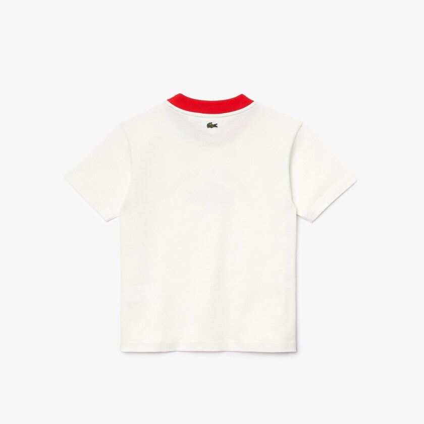 Camiseta Lacoste Criança Branco Vermelhas Ringer Crewneck Lightweight Printed Cotton NG8-73747F2