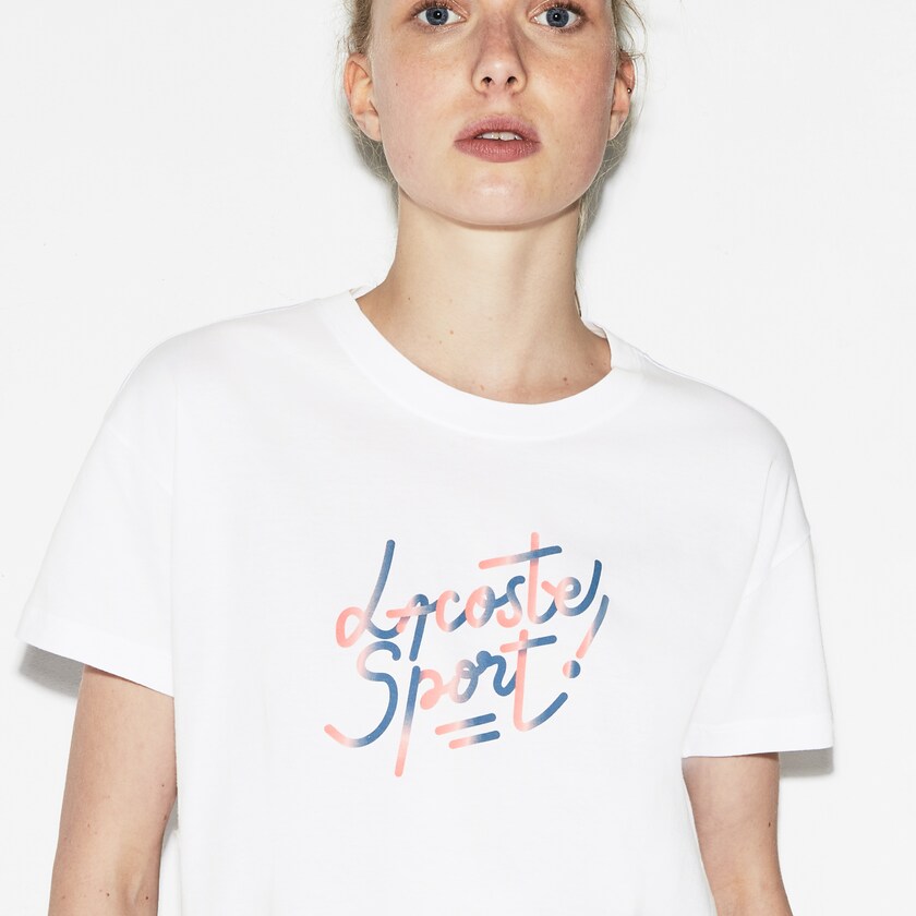 Camiseta Lacoste Feminino Branco Vermelhas Rosa Azuis SPORT Crew Neck Shaded Design Tennis YJ8-38723K4