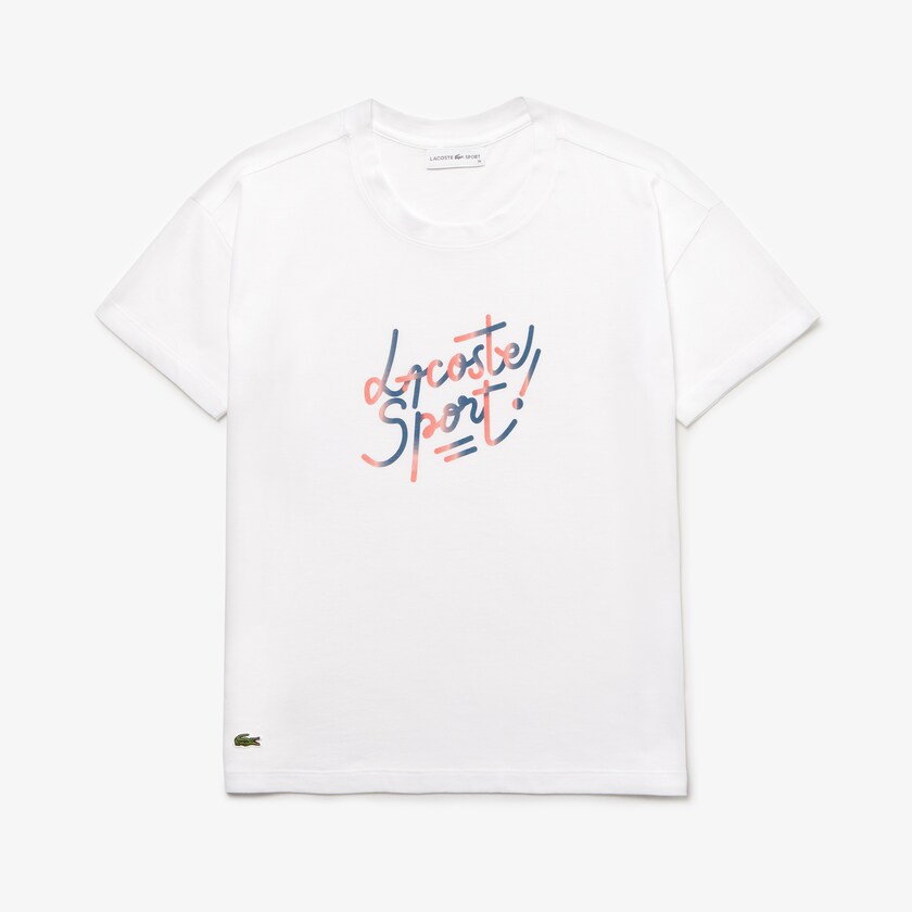 Camiseta Lacoste Feminino Branco Vermelhas Rosa Azuis SPORT Crew Neck Shaded Design Tennis YJ8-38723K4