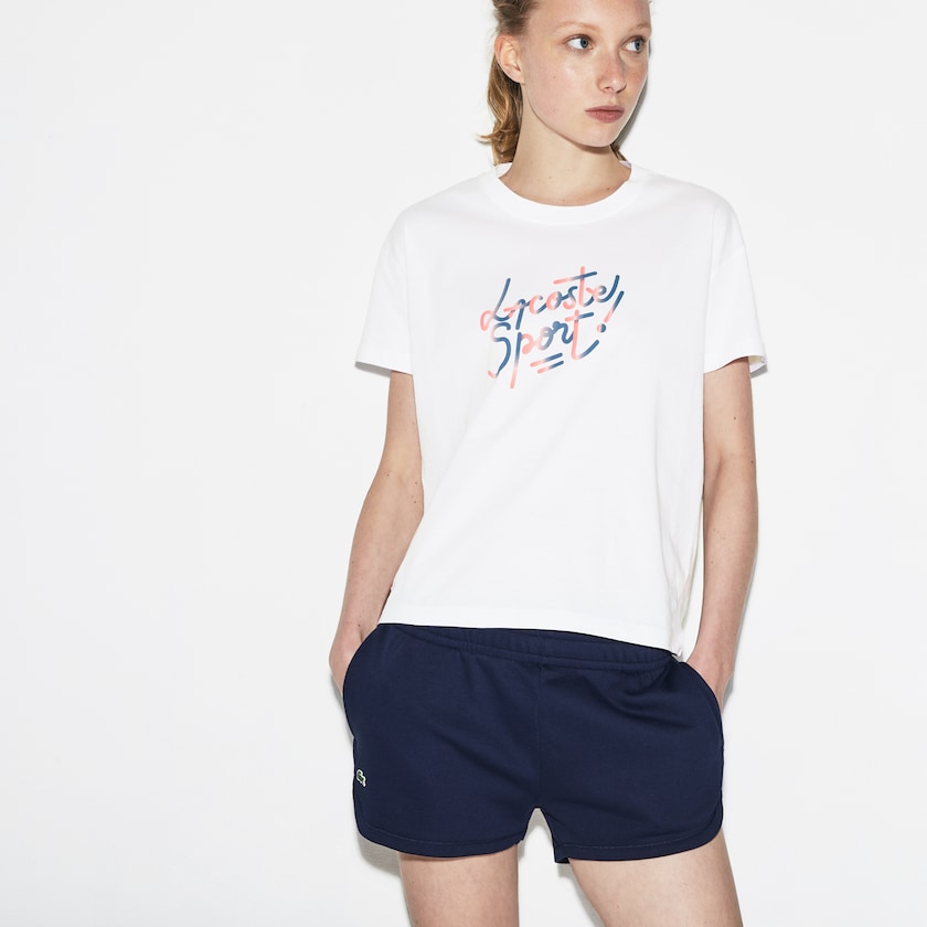 Camiseta Lacoste Feminino Branco Vermelhas Rosa Azuis SPORT Crew Neck Shaded Design Tennis YJ8-38723K4