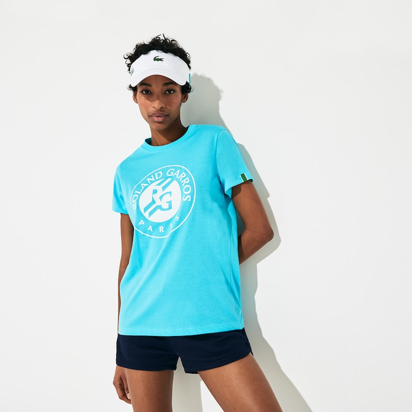 Camiseta Lacoste Feminino Turquesa Branco Verdes SPORT Roland Garros Logo BJ4-09880D2