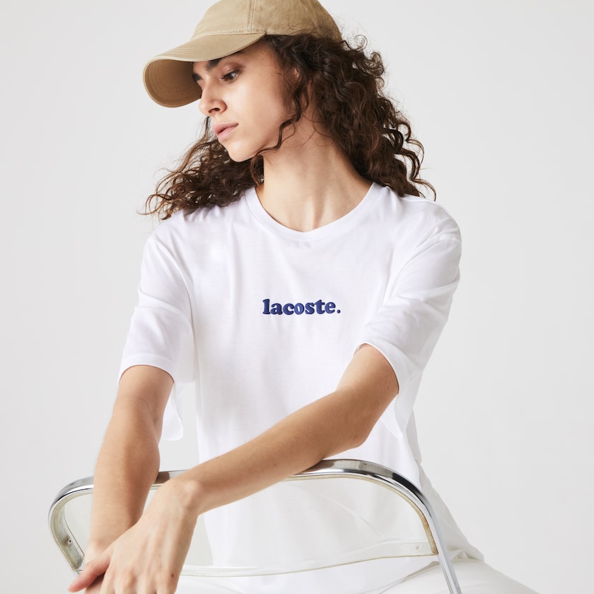 Camiseta Lacoste Feminino Branco Azul Marinho Azuis Signature Printed Crew Neck Cotton FY6-19431R0