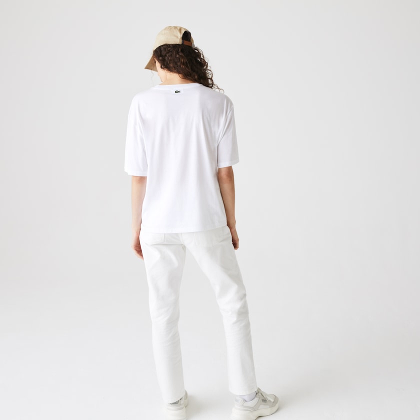 Camiseta Lacoste Feminino Branco Azul Marinho Azuis Signature Printed Crew Neck Cotton FY6-19431R0