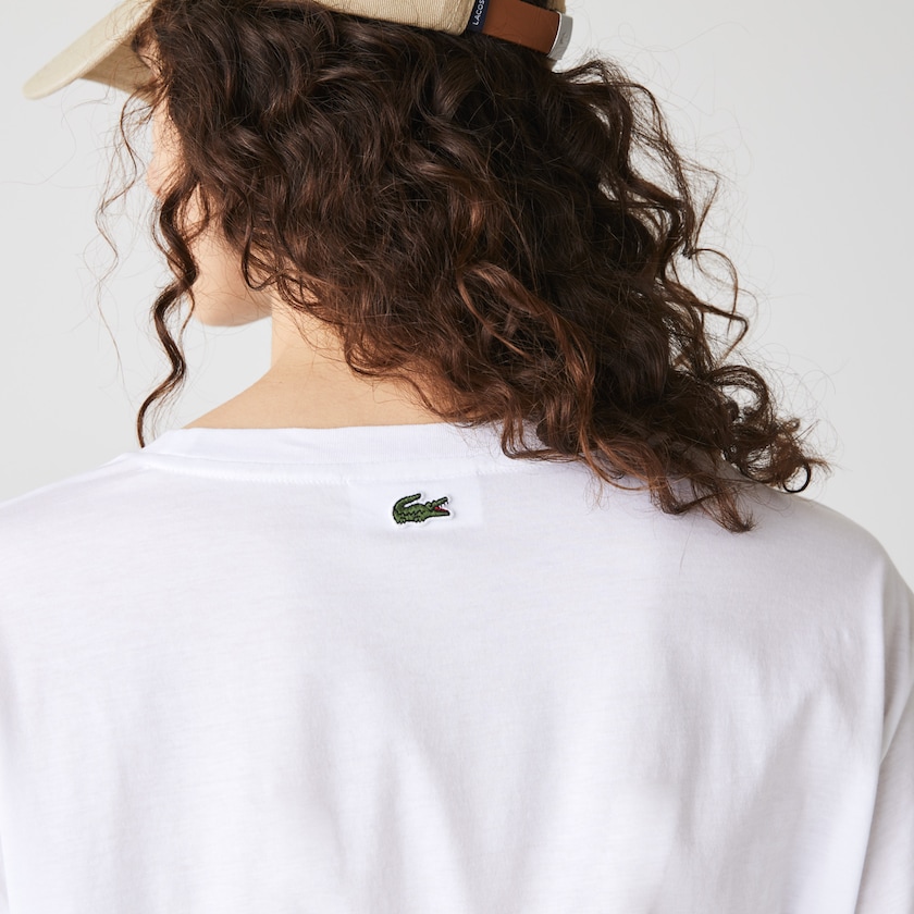 Camiseta Lacoste Feminino Branco Azul Marinho Azuis Signature Printed Crew Neck Cotton FY6-19431R0
