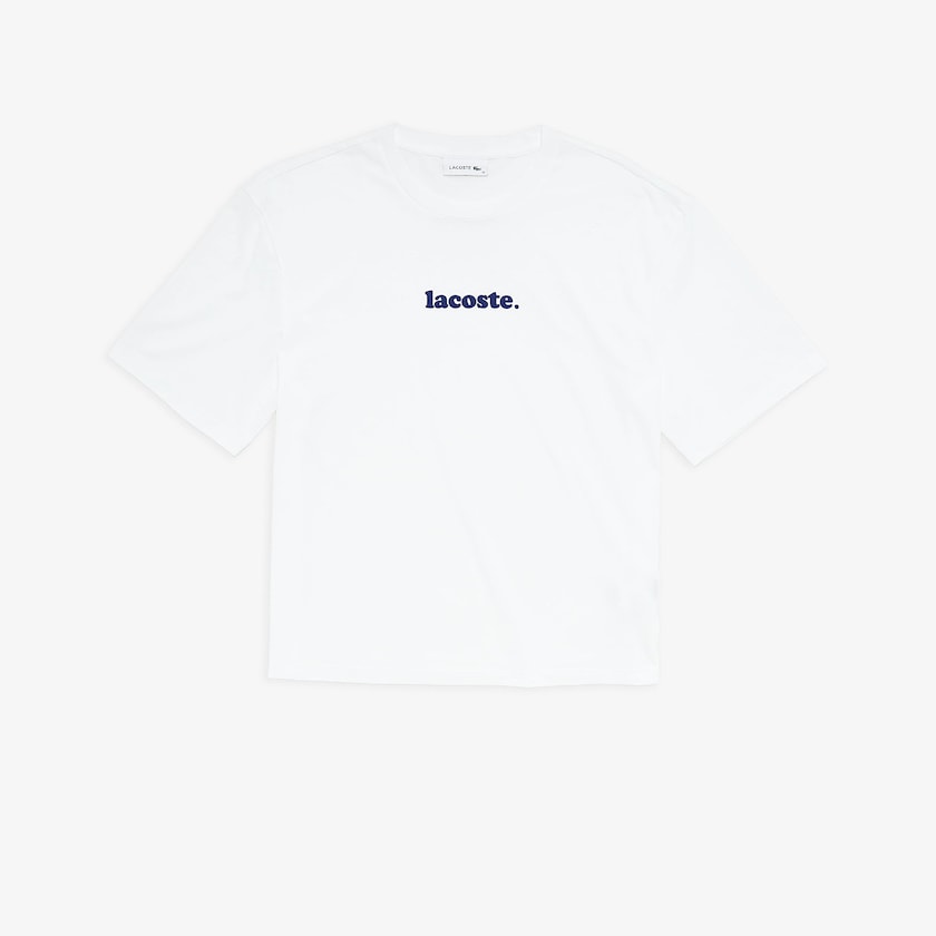 Camiseta Lacoste Feminino Branco Azul Marinho Azuis Signature Printed Crew Neck Cotton FY6-19431R0