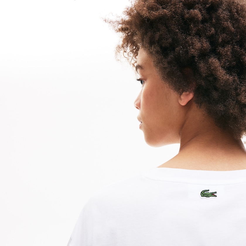Camiseta Lacoste Feminino Branco Azul Marinho Azuis Signature Printed Crew Neck Cotton FY6-19431R0