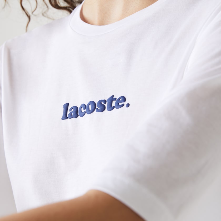 Camiseta Lacoste Feminino Branco Azul Marinho Azuis Signature Printed Crew Neck Cotton FY6-19431R0
