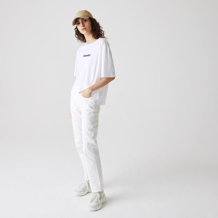 Camiseta Lacoste Feminino Branco Azul Marinho Azuis Signature Printed Crew Neck Cotton FY6-19431R0