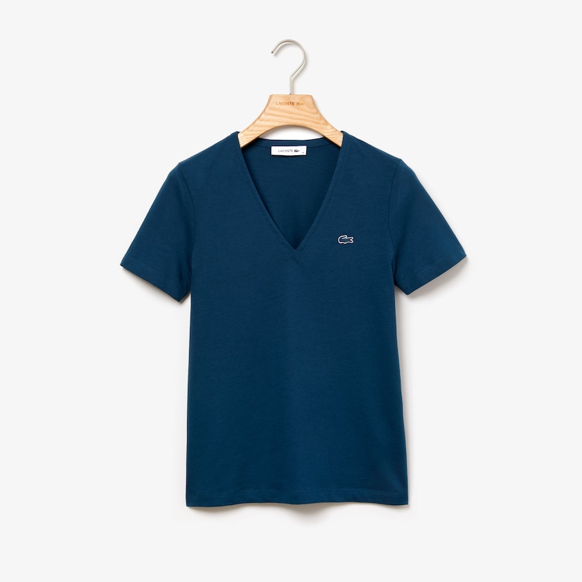 Camiseta Lacoste Feminino Azuis Slim Fit V-Neck Cotton Jersey FH9-99399I4