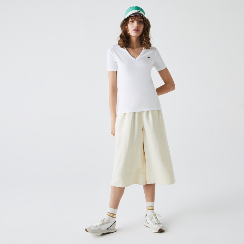 Camiseta Lacoste Feminino Branco Soft Cotton V-Neck DJ5-23642M7