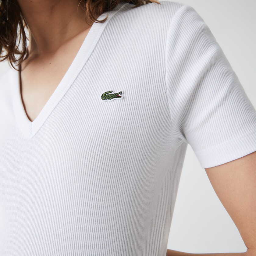 Camiseta Lacoste Feminino Branco Soft Cotton V-Neck DJ5-23642M7