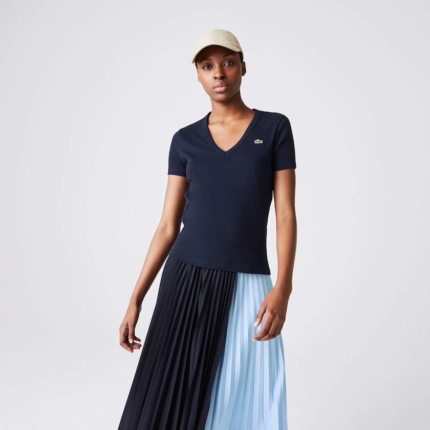 Camiseta Lacoste Feminino Azul Marinho Azuis Soft Cotton V-Neck VC8-60386E0