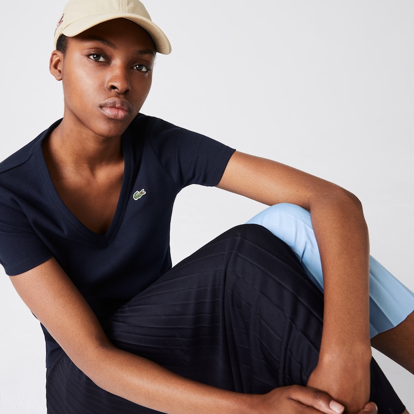 Camiseta Lacoste Feminino Azul Marinho Azuis Soft Cotton V-Neck VC8-60386E0