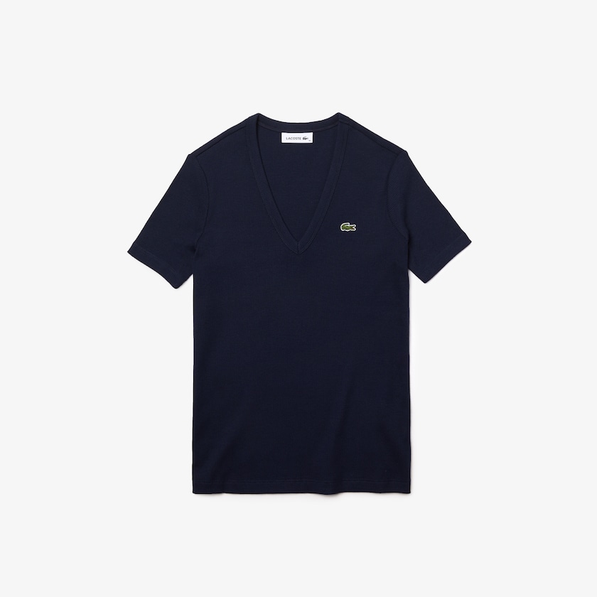Camiseta Lacoste Feminino Azul Marinho Azuis Soft Cotton V-Neck VC8-60386E0